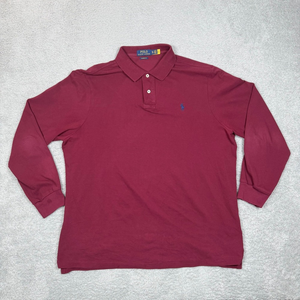 Polo Ralph Lauren Mens XL Classic Fit Long Sleeve Polo Shirt Burgundy Cotton